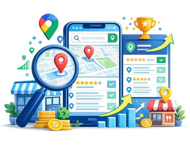 Digital marketing and local SEO tools displayed on a smartphone screen with maps and analytics.