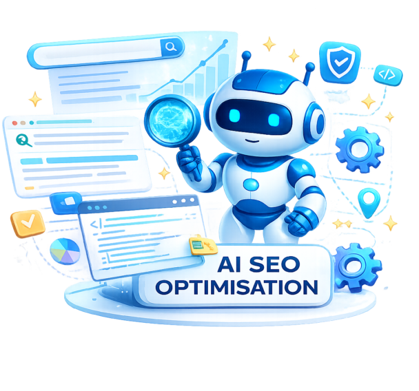 AI SEO optimisation robot with digital tools and analytics icons.