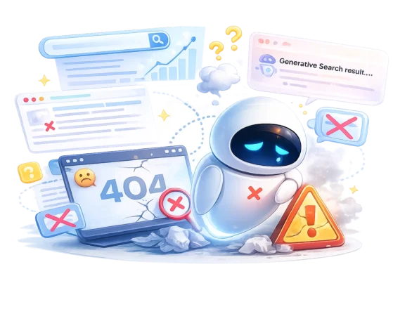 Friendly robot with error messages and search icons, representing digital marketing challenges.