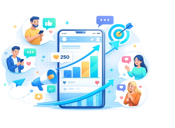 Boost Your Business with Digital Marketing Strategies Digital marketing growth chart with social media icons and user engagement visuals.