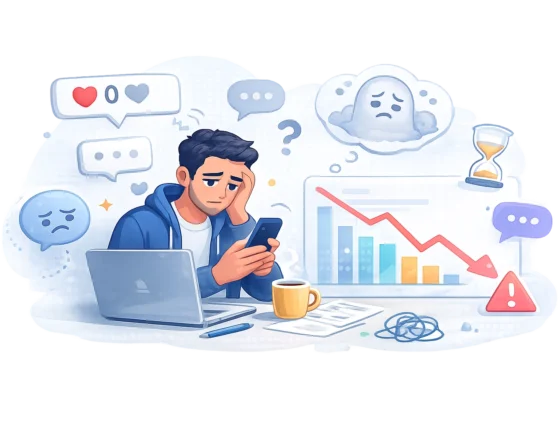 Business owner stressed over declining sales and online marketing challenges. Stressful digital marketing struggles affecting business growth and online presence.