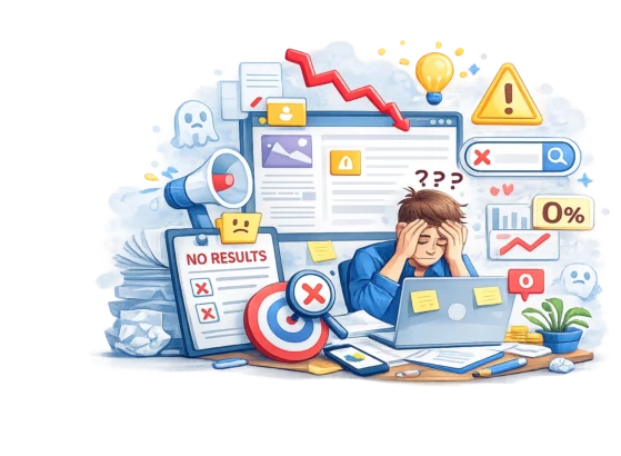 Digital marketing stress, data errors, online challenges, and marketing frustrations.