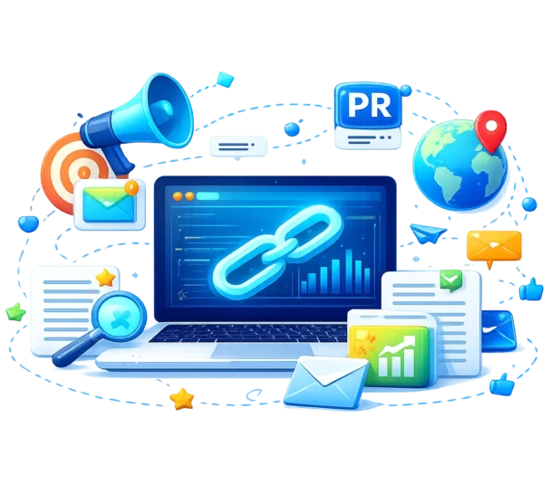 Digital Marketing and SEO Services Digital marketing, SEO, and link building illustration with laptop and icons.