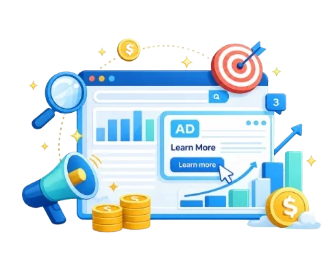 Digital Marketing and SEO Services SEO and digital marketing illustration with analytics and growth icons.