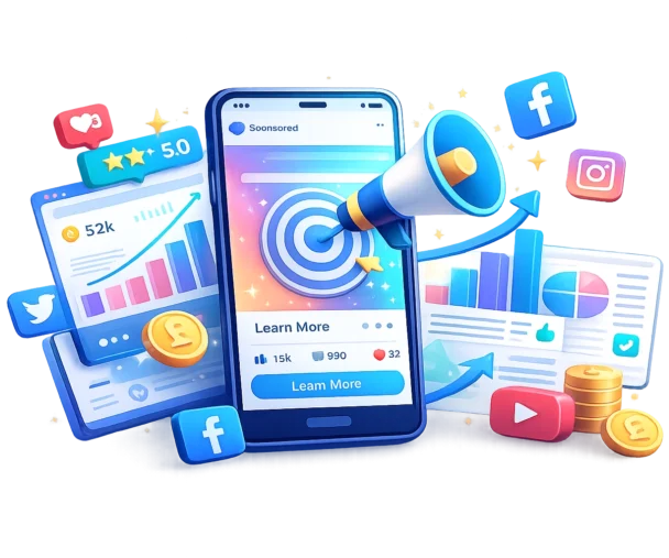 Boost Your Business with Digital Marketing Strategies Digital marketing campaign with social media icons and analytics charts.