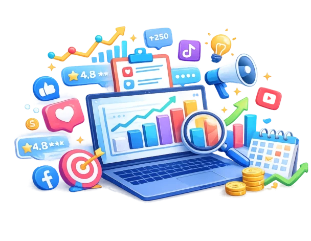 Digital marketing analytics and social media growth tools. Digital marketing analytics with social media icons and growth charts.