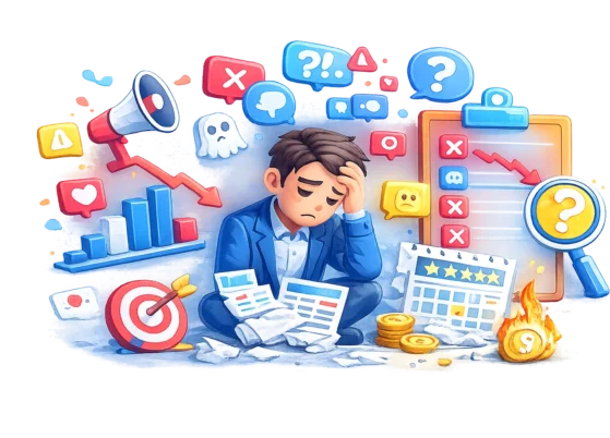Business Digital Marketing Challenges Digital marketing challenges with stressed man and data icons.