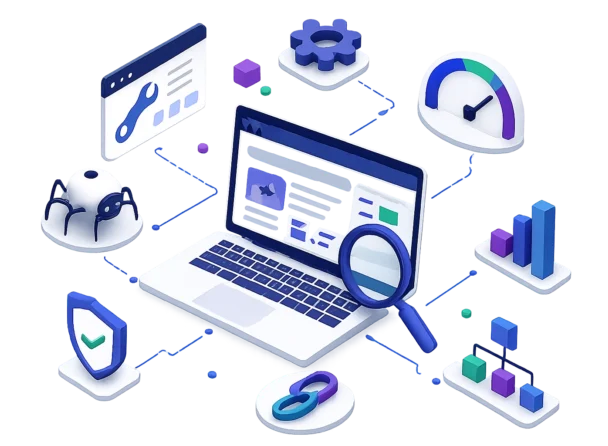 Digital marketing tools and analytics on a laptop screen.
