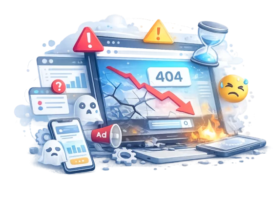 Website Error and Security Alert Illustration Error 404 and security warning icons on a damaged laptop screen.
